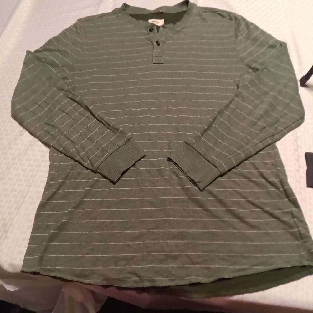Marine Layer Shirt Mens L Green Striped Rayon Knit Henley Neck Long Sleeve